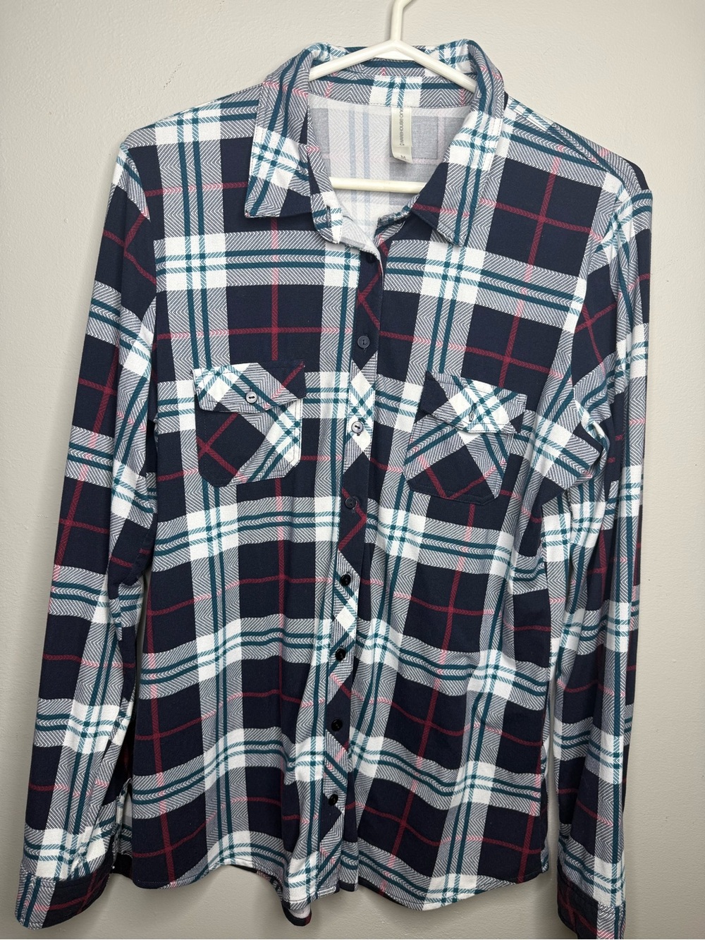 Warehouse One Navy Plaid Button-Down Shirt with White & Burgundy Stripes M